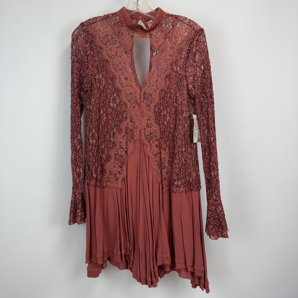Free People Tell Tale‎ Heart Lace Tunic Dress Rosy Coral Pink XS OB556692 NEW